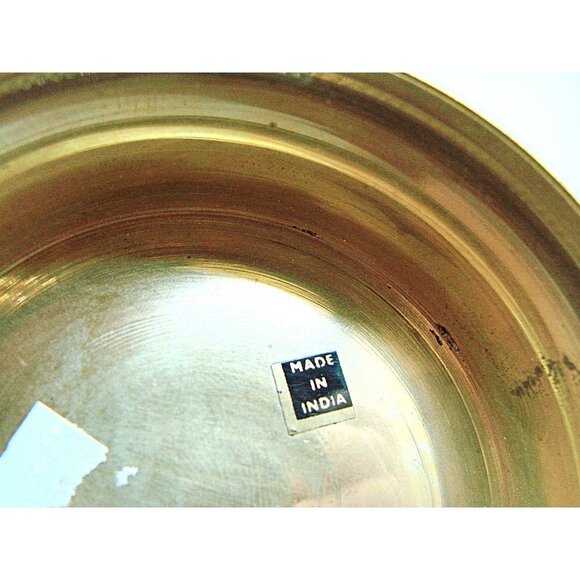 Vintage Multicolor Brass Enamel Scalloped Edge Raw Brass Foot Peacock Bowl Sz 6" - Picture 12 of 12